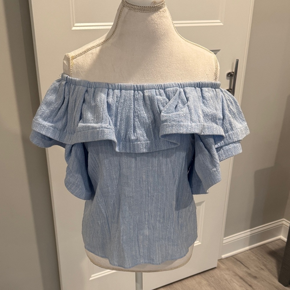 Misa Los Angeles Off-Shoulder Ruffle Blouse in Light Blue